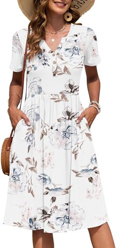 AUSELILY Damen Kurzarm Sommerkeider Knielange Sommer Kleider V-Ausschnitt mit Knöpfen Empire Midikleid mit Taschen Blumenweiß L