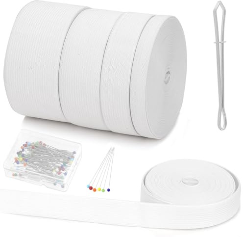 Swpeet 4 Rollen 20 Meter weiße Breite 10mm 20mm 30mm 40mm Gummiband und Nadel elastischer Faden mit nähendem Glaskopf Pins Kit, jede 5.5 Yards Nähband Heavy Stretch für Nähhandwerk