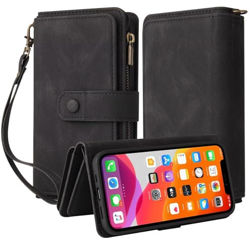 TQmchun Handyhülle für Xiaomi Redmi Note 12 4G,Flip Case Lederhülle Reißverschluss Magnetverschluss Brieftasche mit 15 Kartenfächern Standfuntion Retro Ledertasche-Schwarz