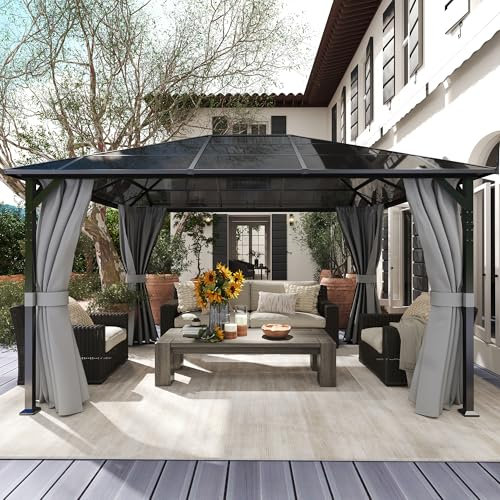 Amopatio Gartenpavillon 3x4 m Wasserdicht Stabil Winterfest, Pavillon mit Polycarbonat - Dach, Hardtop Pavillon mit Seitenteile für Garten, Terrassen (Grau)