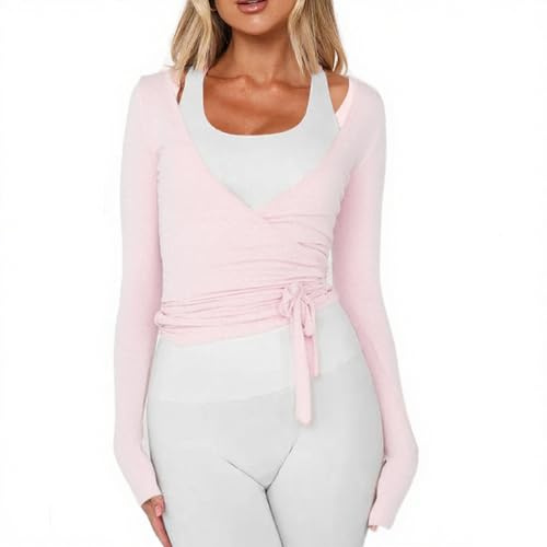 Damen-Wickeltop mit langen Ärmeln, tiefer V-Ausschnitt, Kreuzbindung, für Workout, Ballet, Pilates, Yoga