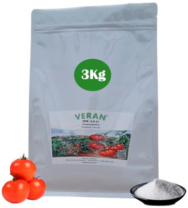 VERAN Fertilizante Cloruro Potásico NPK 0-0-61 3Kg | Fertilizante para Tomates | Abono Rico en Potasio Hidrosoluble | También para Hortalizas, Frutas y Cultivos Exigentes en Potasio