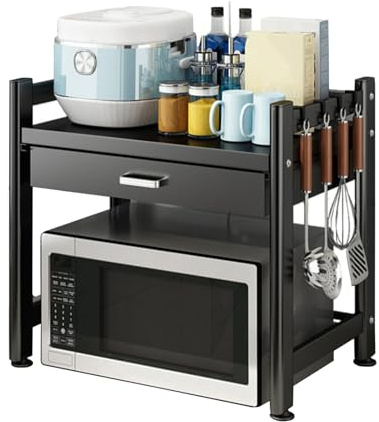 Estante de Encimera para Horno Microondas con Cajón y Gancho, Estante Organizador de Almacenamiento de Metal para Cocina, Estante de Almacenamiento Para El Hogar Y La Oficina para Ahorrar Espacio
