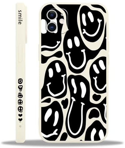 Phoona Case for iPhone 12 6.1, Preppy Cute Smile Face Girly Aesthetic Pattern Design, Translucent Anti-yellowing Soft Slim TPU Shockproof Protection Bumper Cover for Girls Women, Smile Black