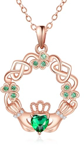 TANGPOET Rose Gold Claddagh Necklace for Women 925 Sterling Silver Irish Necklace Clover Shamrock Celtic Knot Pendant ST Patricks Day Jewellery Irish Gifts