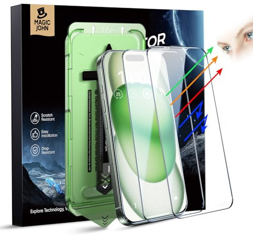 MAGIC JOHN 2 Stück für iPhone 15 (6,1 Zoll) Displayschutz Augenschutz Anti-Blaulicht, HD Klar, Auto Dust-Elimination, 9H-Gehärtetes Glas & Kratzfest, Vollständige Kantenabdeckung