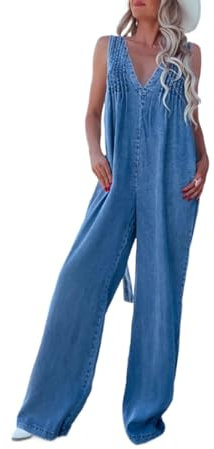 SaiDeng Salopette da donna in denim, con tasche, schiena scoperta e senza maniche, con scollo a V, in cotone, oversize, look baggy, blu jeans, L