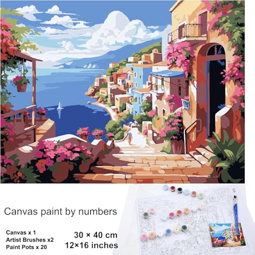 Exerz Lienzo enrollado por números, 30 x 40 cm, 20 colores, 2 pinceles, caja de regalo compacta, juego de arte de viaje ideal para niños y adultos, principiantes y artistas (mar)