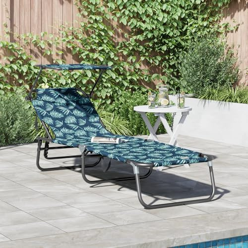 Makastle Sonnenliege Klappbare mit Sonnendach, 100 kg belastbar, Gartenliege für Balkon, Pool & Strand, Blattdruck 600D Oxford-Stoff 56 x 190 x 81 cm