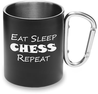 Eat Sleep Chess Repeat Board Game Metal Cup Carabiner Handle, Camping Mug