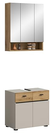 xonox.home – Badkombination Aqua 60x191x35 cm in Kaschmir Melamin – 2-teiliges Set bestehend aus Spiegelschrank & Waschbeckenunterschrank – Kompakte Lösung, ideal für kleine Bäder oder das Gäste-WC