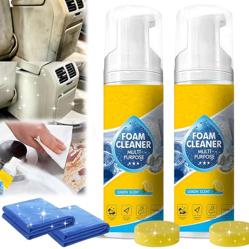 4-in-1 Multi-Enzyme Foam Cleaner, 5Oz Foam Cleaner All Purpose, Rinse-Free Deep Cleaning Spray, Heavy Duty Stain Remover for Car Interior, Home Upholstery & Furniture - Lemon Fresh (2pcs)