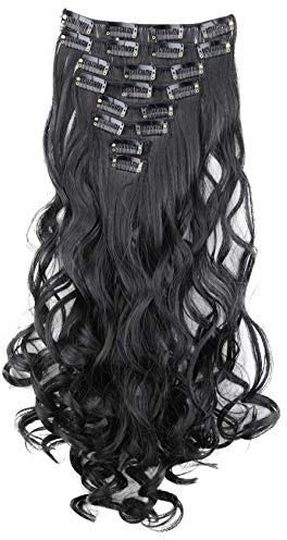 CAISHA XXL 8 Teiliges Set 45cm Langhaarige CLIP IN EXTENSIONS Synthetik Haarverlängerung Haarteil Voluminös Gelockt Schwarz CES1-1