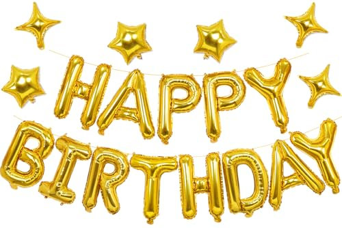 iPartycool 20pcs Gold Happy Birthday Balloons, Birthday Banner Decorations, 3D Premium Mylar Foil Letter balloon, with 6pcs Star Balloons, for Kids Boys Men Adults