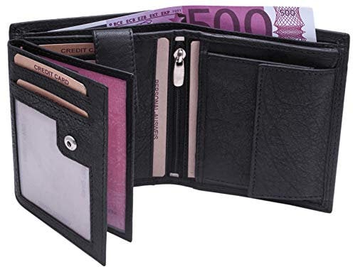 BelleBay Leder Herren Geldbörse | Exklusive robuste Leder Brieftasche - Portemonnaie aus weichem hochwertigem Leder | Voll-Leder Portmonee - Geldbeutel | Kredit-Kartenetui Hochformat (Schwarz)