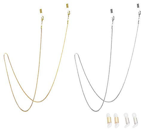 Jurxy 2 Stück Brillenkette Sonnenbrillen Brillen Kette Lesebrillen Brillenbänder in Ketten Brillen Hals Schnur Gläser Band Brille Cords für Damen Geschenk mit 8 Stück Silikon Antirutsch Ringe