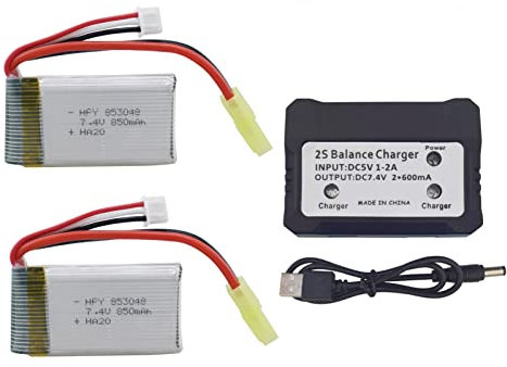 ZYGY 2pcs 7.4V 850mah Lithium Batterie & 2in1 Ladegerät für 9300 9301E 9302E 9303E 9034E 9305E 9310 9201E 2.4G 1:18 Anteil Fernbedienung Allradantrieb Hochgeschwindigkeits-Offroad RC Auto