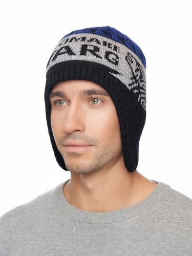 Marhatter | Herren Mütze | Strickmütze | Wollmütze | Herrenmütze mit Ohrenklappen | Wintermütze | Ohrenmütze | Wolf | (Blau/Grau/Schwarz)