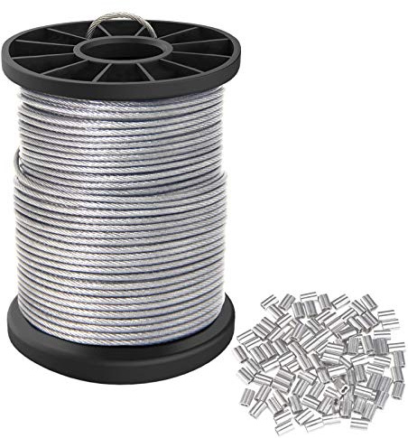 Alambre para colgar imágenes recubierto de vinilo de 1,5 mm hasta 150 libras, carrete de alambre de acero inoxidable de 30,5 m con 40 fundas de prensado de aluminio, alambre pesado para colgar marcos