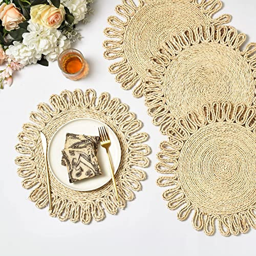 IcosaMro Round Woven Placemats for Dining Table Set of 6 Large Natural Braided Rattan Tablemat Hollow Wicker Charger Plates for Holiday Christmas Kitchen Table Mat, Beige, 11.8 Inches