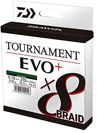 Daiwa Tournament x8 Braid EVO+ 0.14mm, 10.2kg/22.4Lbs, 900m, Dunkelgrün, Geflochtene Angelschnur, 12760-214