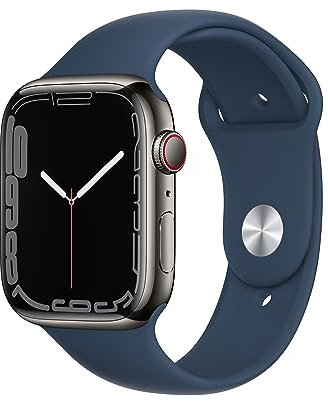 Apple Watch Series 7 (GPS + Cellular, 45mm) Smartwatch - Edelstahlgehäuse Graphit, Sportarmband Abyssblau - Regular. Fitnesstracker, Blutsauerstoff und EKGApps, Always-On Retina Display, Wasserschutz