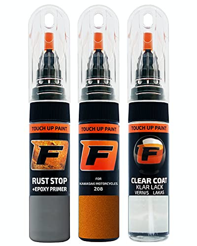 FIRANTO Lackstift Autolack Reparaturset für Kawasaki Motorcycles 208 Orange Candy Sparkling - 3-in-1 Autolack Kratzer Reparaturstift 15ml Grundierung, Klarlack