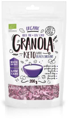 DIET-FOOD Bio Keto Granola mit Schwarzer Johannisbeere Fettreiches Glutenfreies Granola Frühstück Müsli Low Carb Non-GMO Snack Ohne Zuckerzusatz 200g 1er Pack