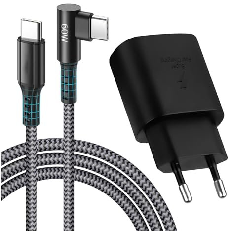 Cargador USB C de 25 W, Cargador Rápido PD3.0 Compatible con Samsung Galaxy S25/S24/S23/S22/S21 Ultra/S20FE/S10/Z Flip 6/A71/A55/A54/A53/A50/A34/A15//Note10/20, con 2 m a USB C Cable 90 Grados