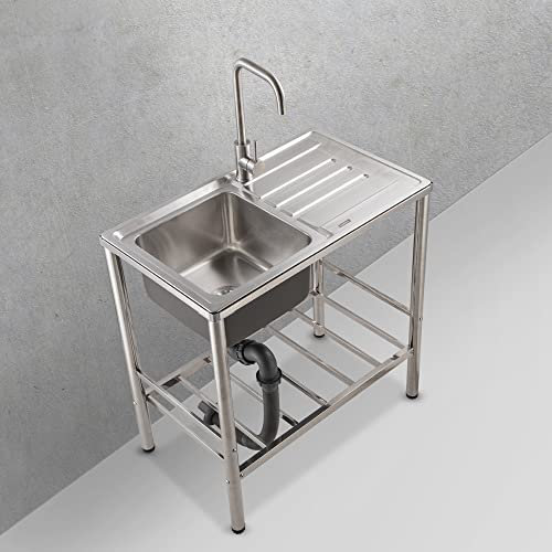 HomeLava Mobiles Spültisch Edelstahl Eckig Spülbecken mit Abtropffläche rechts Einzelspüle Spüle Campingküche Edelstahlspüle 1 Becken 76 x 46 x 80 cm inkl. Siphon, Über- und Ablaufgarnitur