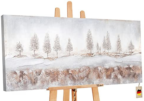 YS-Art Abstrakt Acryl Gemälde auf Leinwand Nebelig handgemalt Wandbilder Wohnzimmer modern Wohndekor Bilder Büro Praxis braune Landschaft echte Kunst 140x70 cm