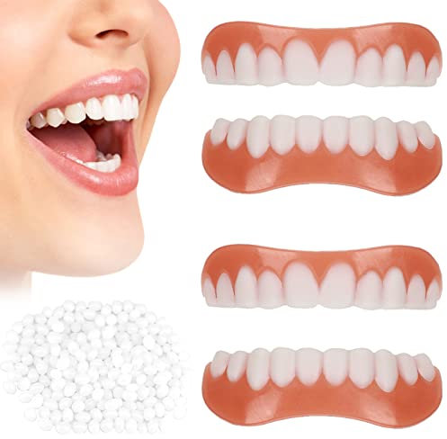 2 Pair False Teeth Veneers Top and Bottom Instant Veneers Fake Teeth White Dentures Instant Smile Veneers Cosmetic Teeth Whitening Temporary Prosthesis Teeth with Thermal Beads for Men Women Adult