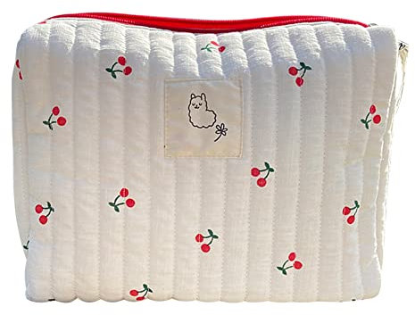CRGANGZY Kawaii Trousse de maquillage en coton à imprimé floral Trousse de toilette Organisateur Boîtes Fleurs esthétiques Trousse de maquillage Fermeture éclair Portable pour Voyage, Shopping, Cerise