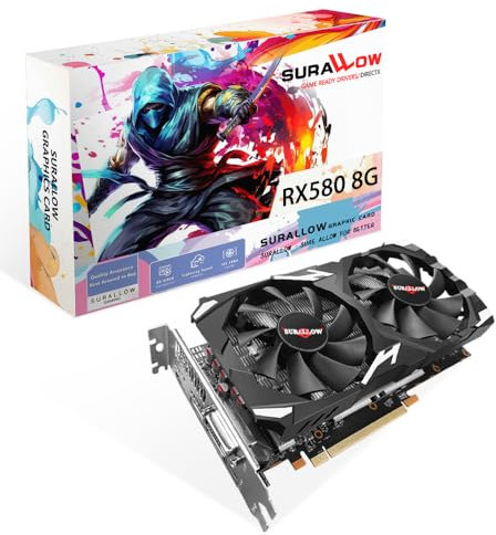 SURALLOW RX 580 Carte graphique 8 Go, 2048SP, GDDR5, 256 bits pour PC de jeu, PCIE 3.0, double ventilateur Freeze avec ports HDMI/DP/8 Go