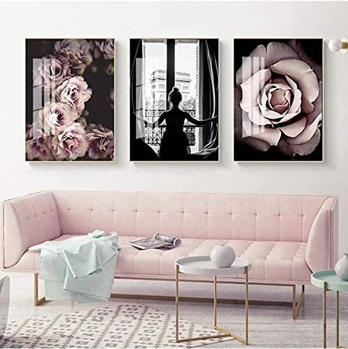 HTWLMM Mode Rosa Blumen Mädchen Leinwandbilder Poster Kunstdruck Für Schlafzimmer Wohnzimmer Wohnung Wanddekoration Bilder Gemälde Rahmenlos (3X50X70CM)