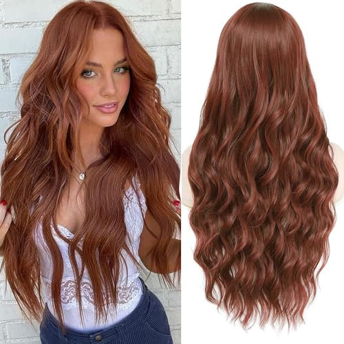 PORSMEER Perücke Damen kupferrot Lang locken Gewellt Natürliche Kunsthaar Wig mit Mittelscheitel für Frauen/Mädchen Täglich Kostüm Fasching Cosplay Party Wig