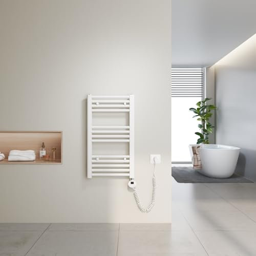 Heilmetz Radiateur sèche-Serviettes électrique 70x40cm avec Thermostat Digital avec Fonction minuterie Sèche-Serviettes Droit Blanc 250W