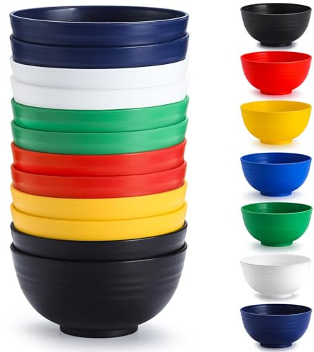 Berglander cuencos de plástico 12 piezas 750ml, cuenco de ramen reutilizable de color mutilado, cuencos de sopa, cuenco de cereales para adultos, niños, hogar, restaurante, jardín, picnic