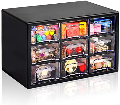 Desk Storage Organizer with 9 Drawers, ToyaJeco Stackable Desktop Craft Drawer Cabinet, Clear Storage Box Caddy for Makeup Jewelry Office Craft Supplies (25×15×16cm)