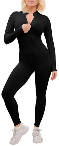 Super Eagle® Women Ribbed Zip Up Jumpsuit full Sleeve Unitard Yoga Romper Workout Bodycon Gym Activewear for Ladies