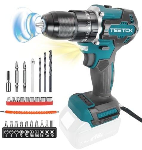 TEETOK Cordless Drill Driver Compatible with Makita 18V Battery, Electric Screwdriver Set 25+1 Torque Setting, 45 N・m, 2-Speed, 0-2800RPM, 27 PCS Kit for Home Garden DIY Project (2X 3.0Ah Battery)