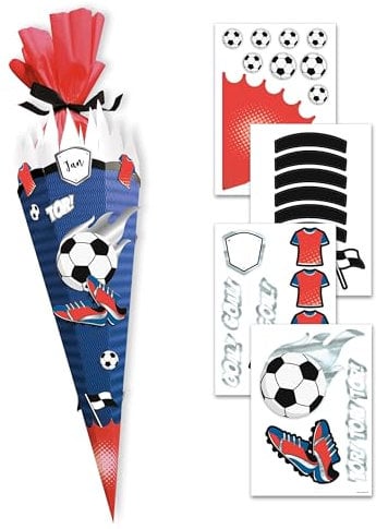 itenga Deko Set für Schultüte Fussball zum Dekorieren einer Schultüte in den Farben deines Lieblingsvereins für Fussballfans (rot - blau)