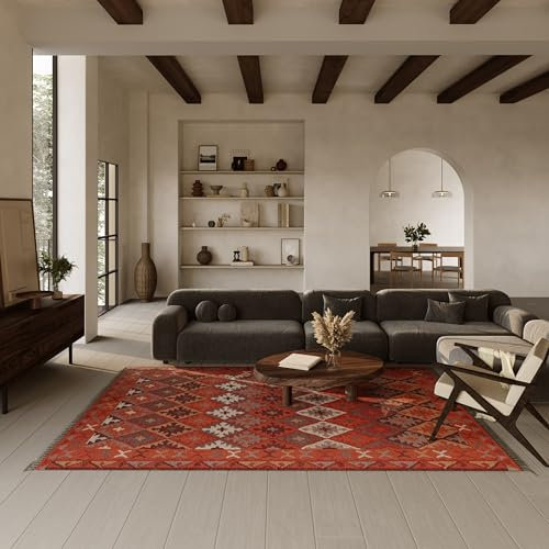 green looop Kelim Teppich aus Wolle Handgewebte Eleganz und Wärme ideal für Wohn- und Schlafbereiche – Pierre (140 x 200 cm, rost rot)