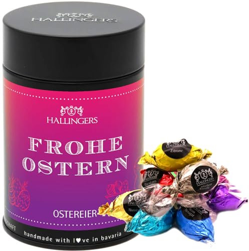Hallingers Frohe Ostern - Ostergeschenke für Osterkörbchen zu Ostern, Pralinen Ostereier handmade ohne Alkohol (Dose) - Geschenk im Sommer & als perfektes Grillgeschenk | Glückwunsch Glückwünsche Freu