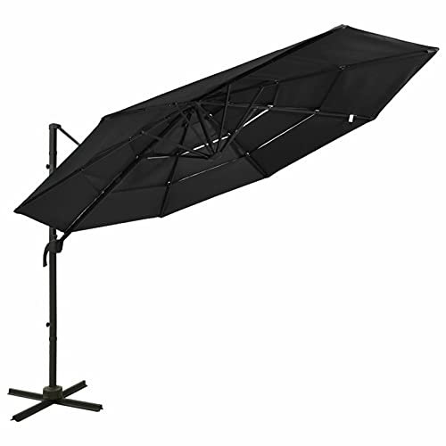 ShCuShan Sonnenschirm mit Aluminium-Mast 4-lagig Schwarz 3x3 m Sonnenschirm Balkon Reise Sonnenschirm FüR Koffer