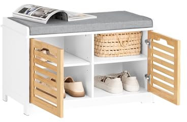 SoBuy Banco Zapatero con Asiento, Banco Almacenaje con 2 Puertas y Cojín Acolchado – Banco Entrada Recibidor, Blanco+Natural, 71 x 35 x 43 cm, Soporta 133kg – FSR23-II-WN