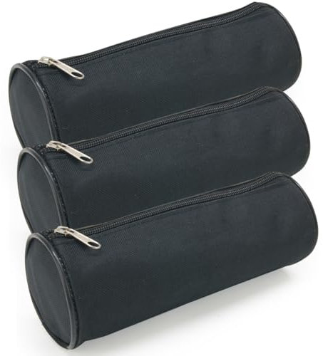 Waytex Lot de 3 Trousses Ronde Fourre-Tout Crayons Fournitures Scolaires Longueur 21cm Diamètre 7.5cm - Noir uni