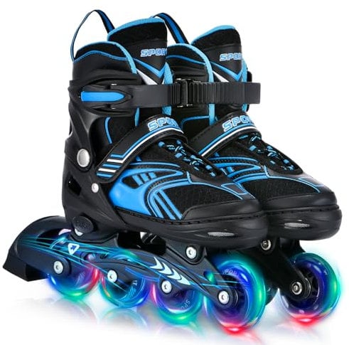 TOMSHOO Inliner, Rollschuhe Inline Roller Skates mit 4 Größen Verstellbar, LED Rädern, Mehrere Größenoptionen, Inlineskates für Kinder Erwachsene Jungen Mädchen, Blau, M