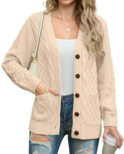 GRECERELLE Womens Cardigans Knit Ladies Long Sleeve Button Down Oversized Aran Cable Knitted Jumper Cardigan Knitwear with Pockets (Beige,M)