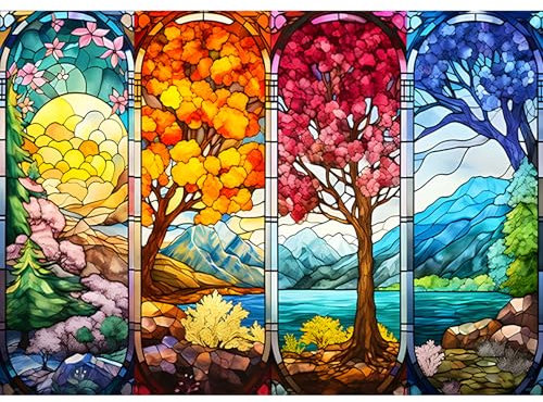 Bowetile 5D Vitrail Diamond Painting, Kit Complet DIY Paysage Diamant Painting, Peinture Diamant Adulte Arbre de Vie, Point de Croix Strass Cristal Quatre Saisons Pour Décoration Murale 40x30 cm